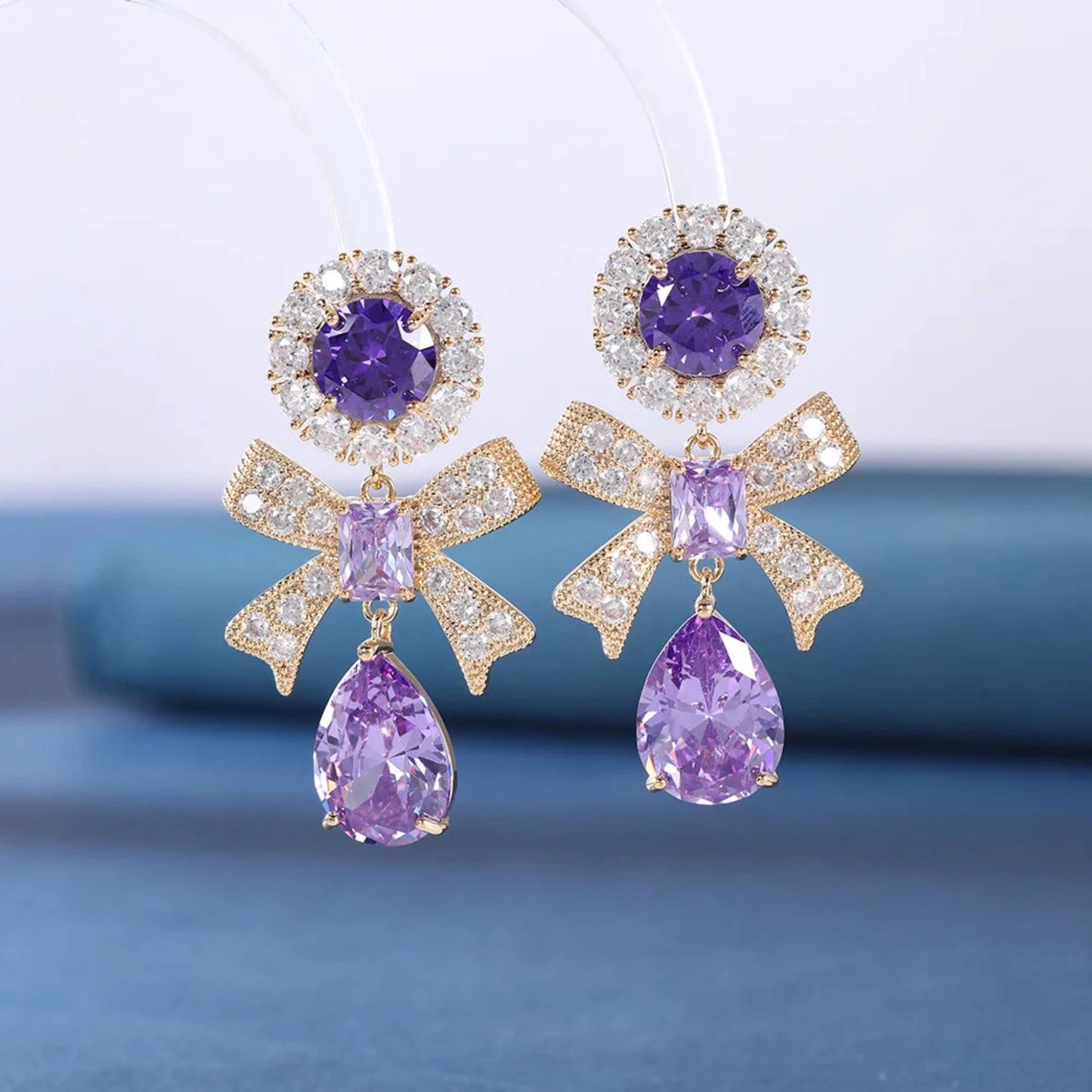 French Purple Zircon Bowknot Clip-on Earrings