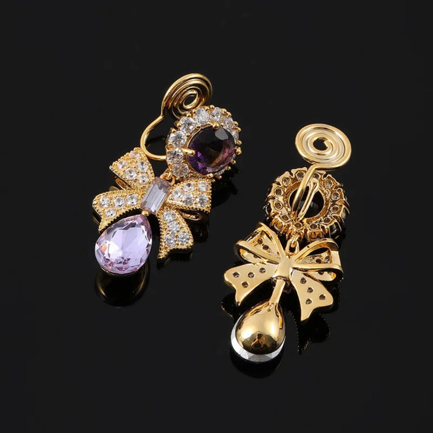 French Purple Zircon Bowknot Clip-on Earrings