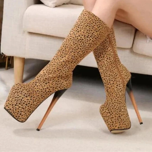 Gladiator Leopard Knee High Boots Stilettos