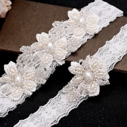 White Embroidered Floral Bridal Garter