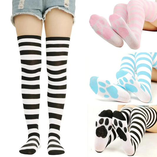 Cat Paw Striped Thigh High Stockings