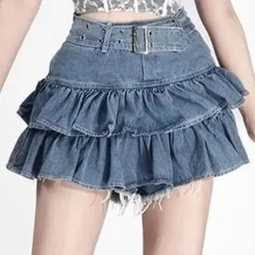 Pleated Denim Short Skirt