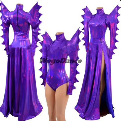 Purple Laser Exaggerated Shoulder Bodysuit Dress