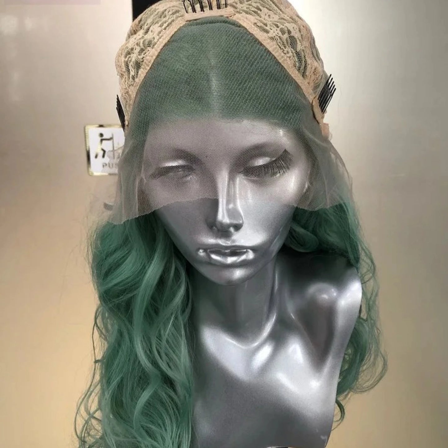 Peluca frontal de encaje sintético ondulado verde