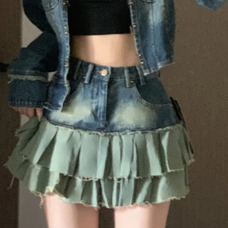 Pleated Denim Short Skirt