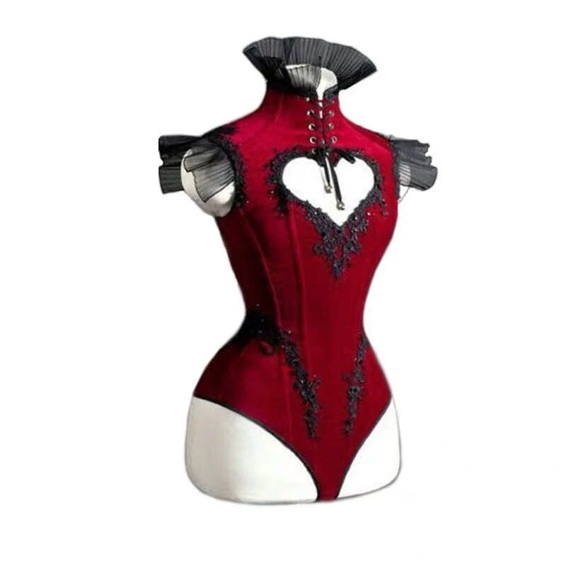 Vintage Red Heart Cutout Strap Bodysuit